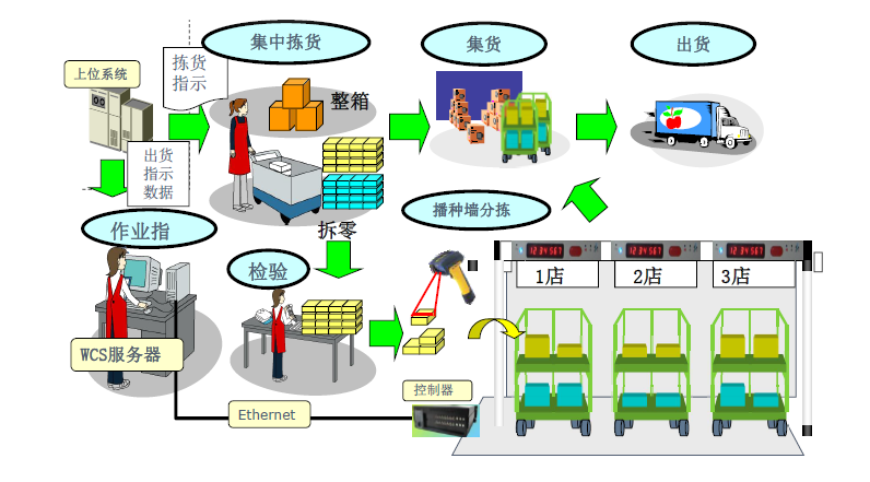 图如下deiniusoft得牛灯光分播系统采用播种式电子标签灯光分拣墙方案